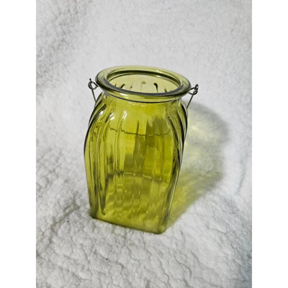 One Green Light Lantern Candle Holder Or Vase 7" Glass Vintage Looking Decor